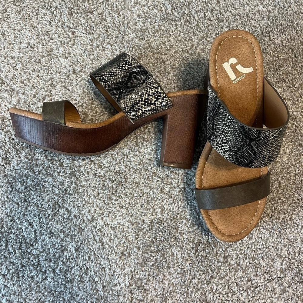 Report Black and Brown Block Heel Hendrick Snakeskin Sandals Sz 7